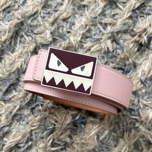 Fendi Light Pink Leather Belt with Silver Burgundy Fendi Monster Logo Buckle
